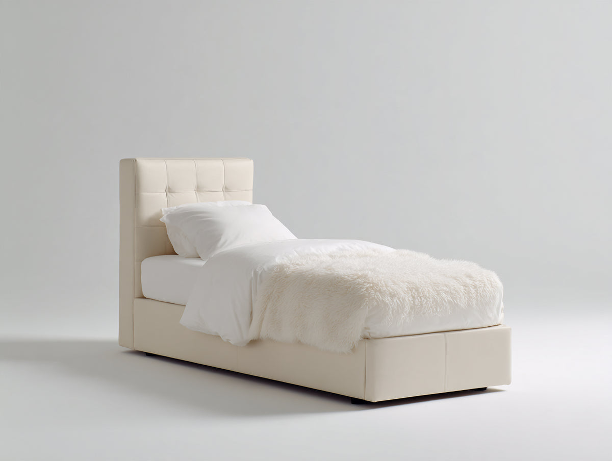 Lit simple - similicuir - 207 x 103 x 115 cm - ivoire - style contemporain capitonné