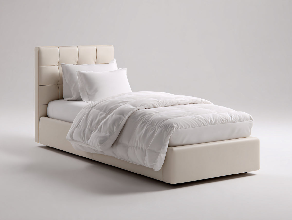 Lit simple - similicuir - 207 x 103 x 114 cm - blanc cassé - style minimaliste matelassé