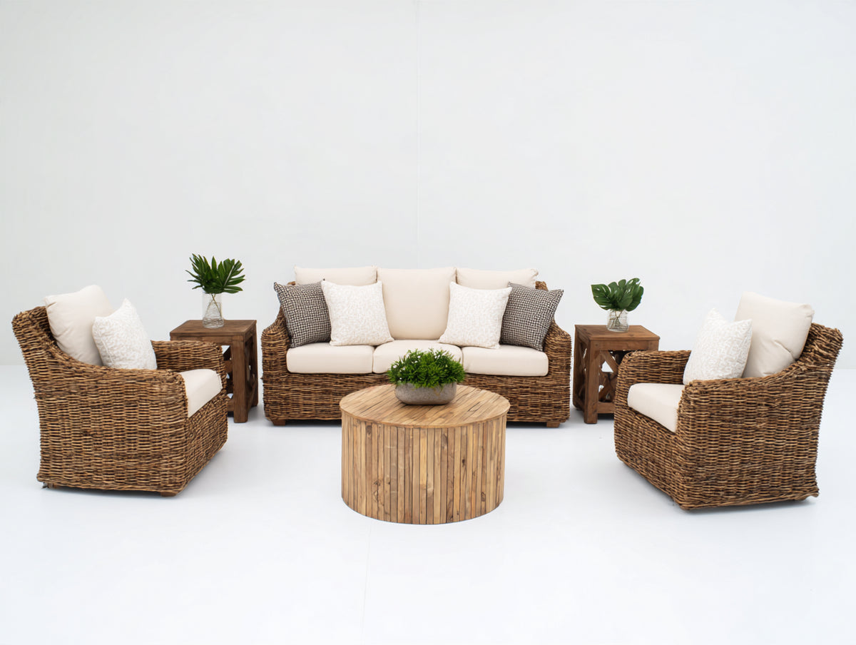 Canapé de jardin - rotin-bois-tissu - 200x88x79 cm - naturel-blanc cassé - style bohème