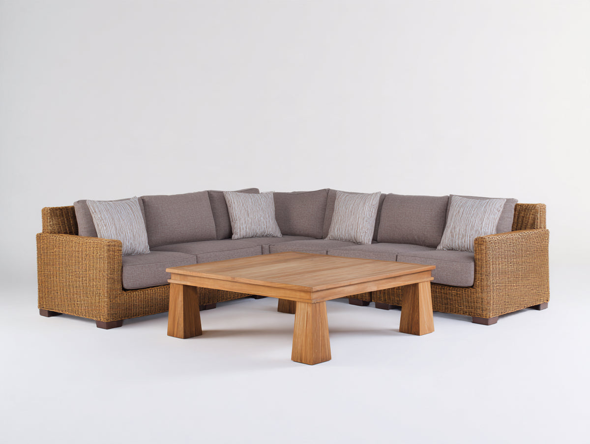 Canapé de jardin - résine tressée-bois-tissu - 278x218x79 cm - taupe-naturel - style contemporain