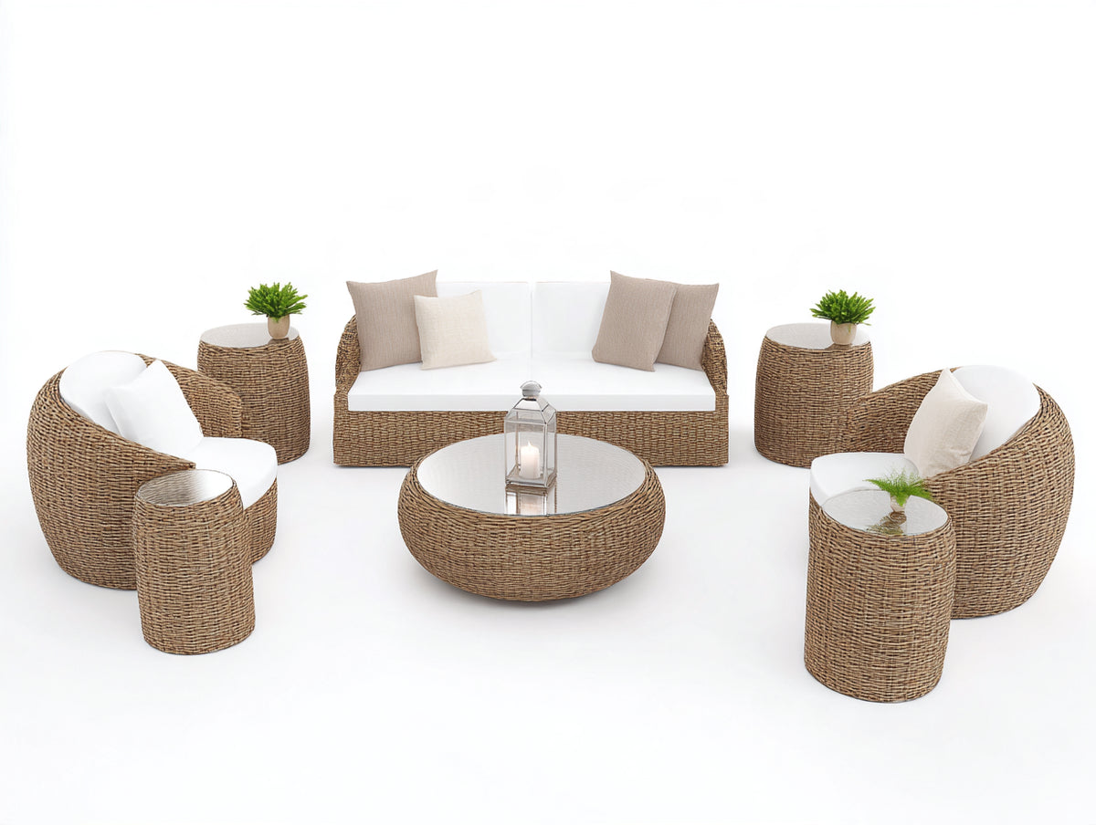 Canapé de jardin - rotin-tissu - 172x88x79 cm - naturel-blanc cassé - style bohème