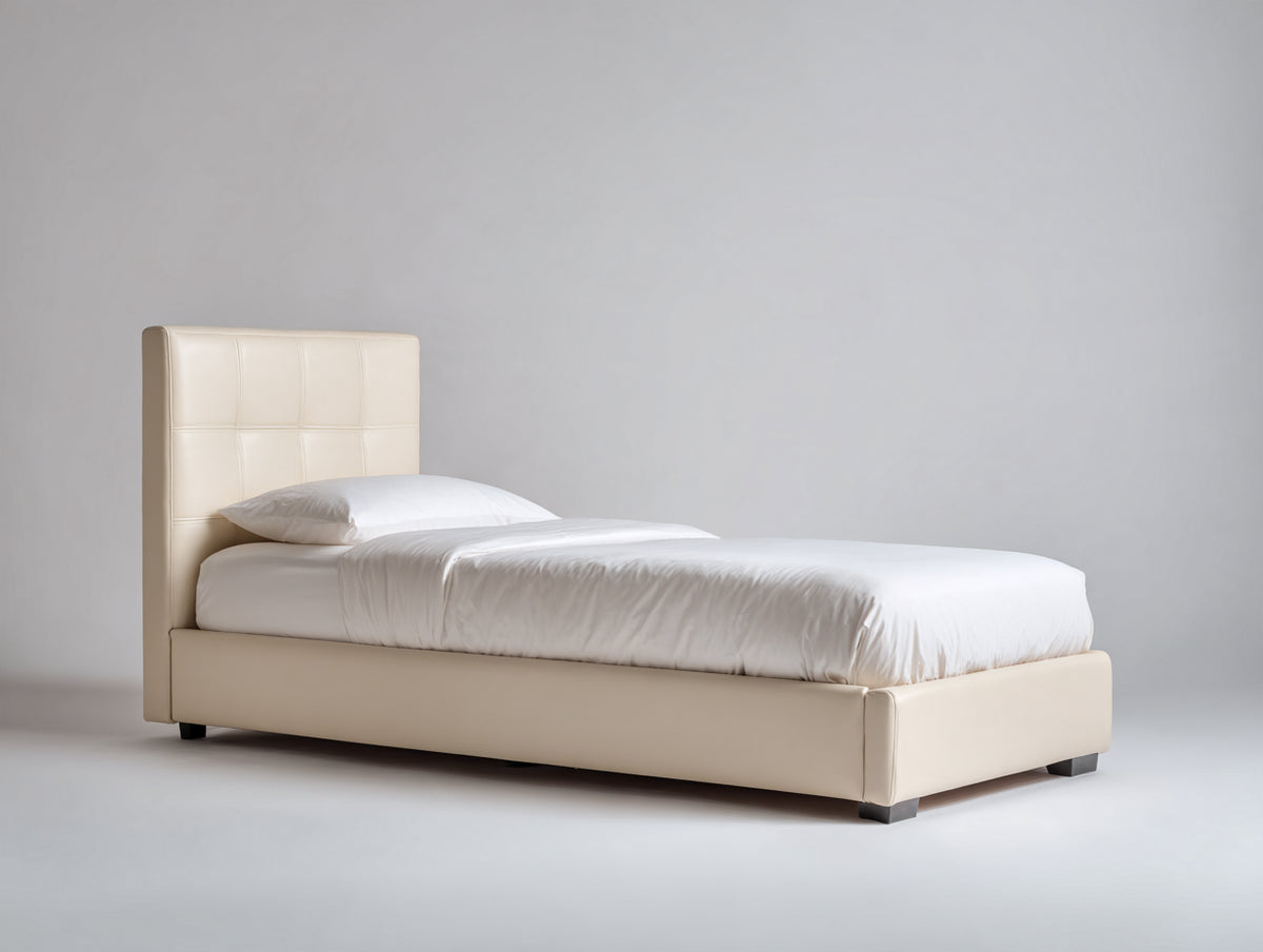 Lit simple - similicuir - 208 x 104 x 116 cm - ivoire - style moderne matelassé