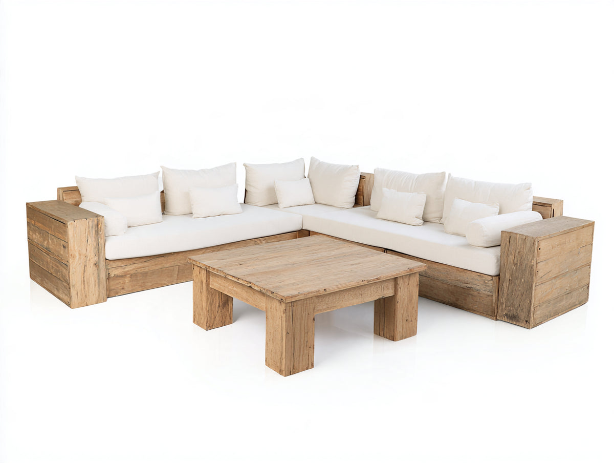 Canapé de jardin - bois-tissu - 265x265x78 cm - blanc cassé-naturel - style rustique