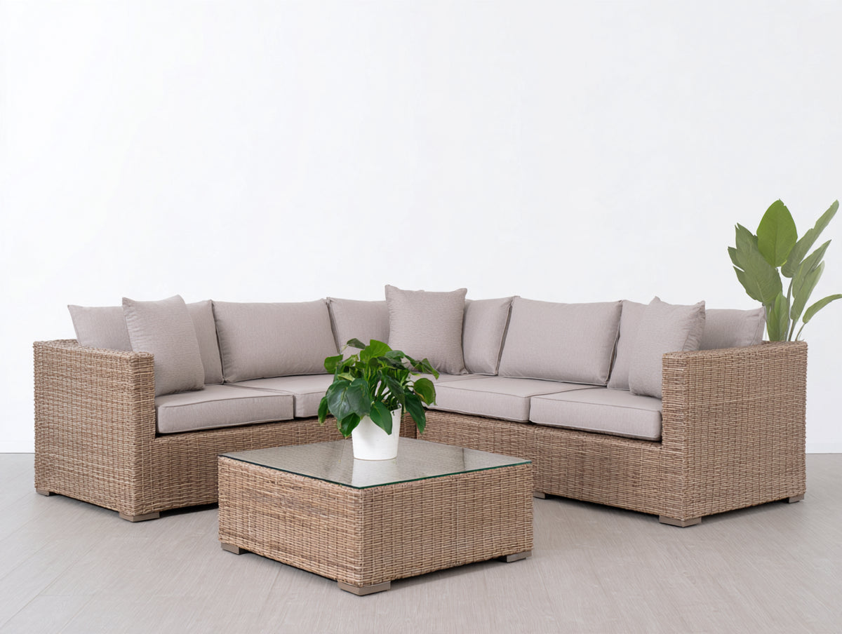 Canapé de jardin - résine tressée-tissu - 258x258x78 cm - beige-gris taupe - style contemporain