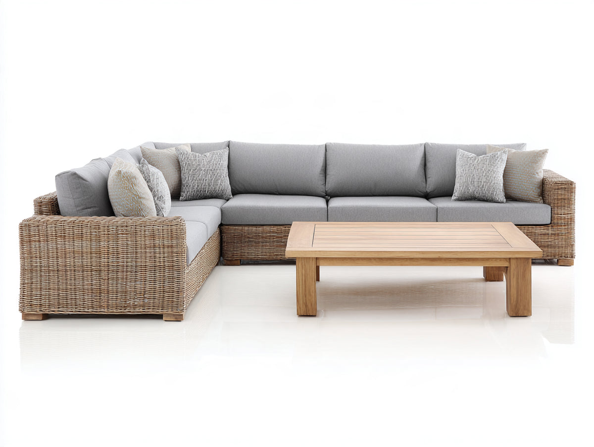 Canapé de jardin - résine tressée-bois-tissu - 298x205x79 cm - gris clair-naturel - style contemporain