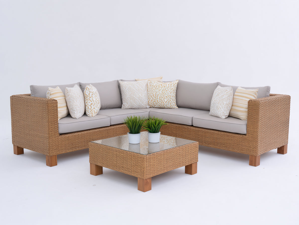 Canapé de jardin - résine tressée-bois-tissu - 250x250x79 cm - gris taupe-naturel - style contemporain
