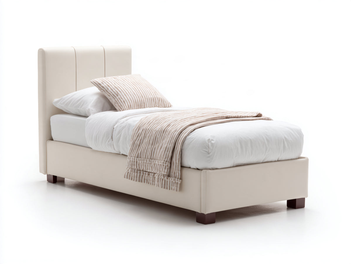 Lit simple - similicuir - 209 x 104 x 118 cm - beige clair - style moderne à panneaux verticaux