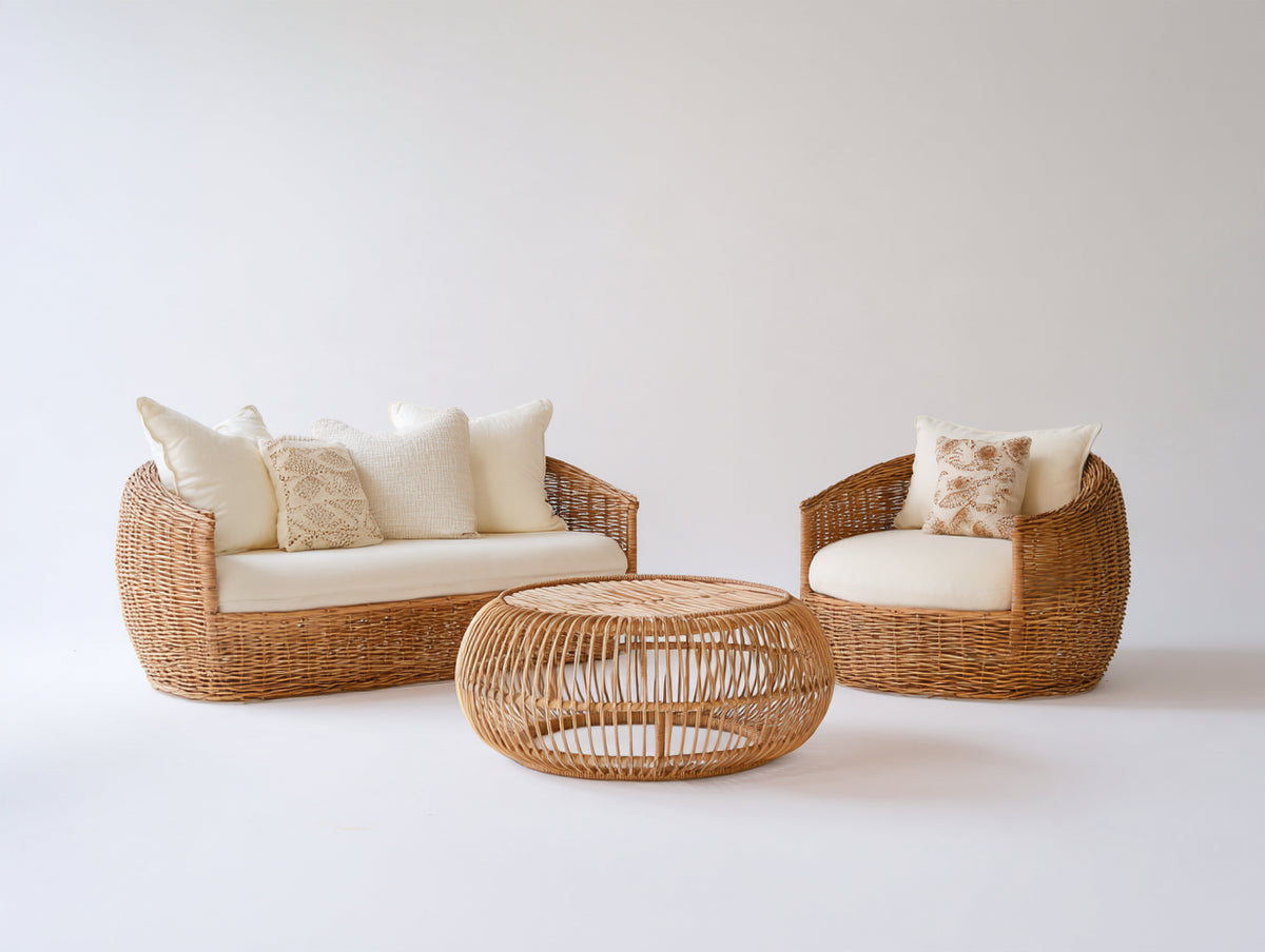 Canapé de jardin - rotin-tissu - 166x88x79 cm - naturel-blanc cassé - style bohème
