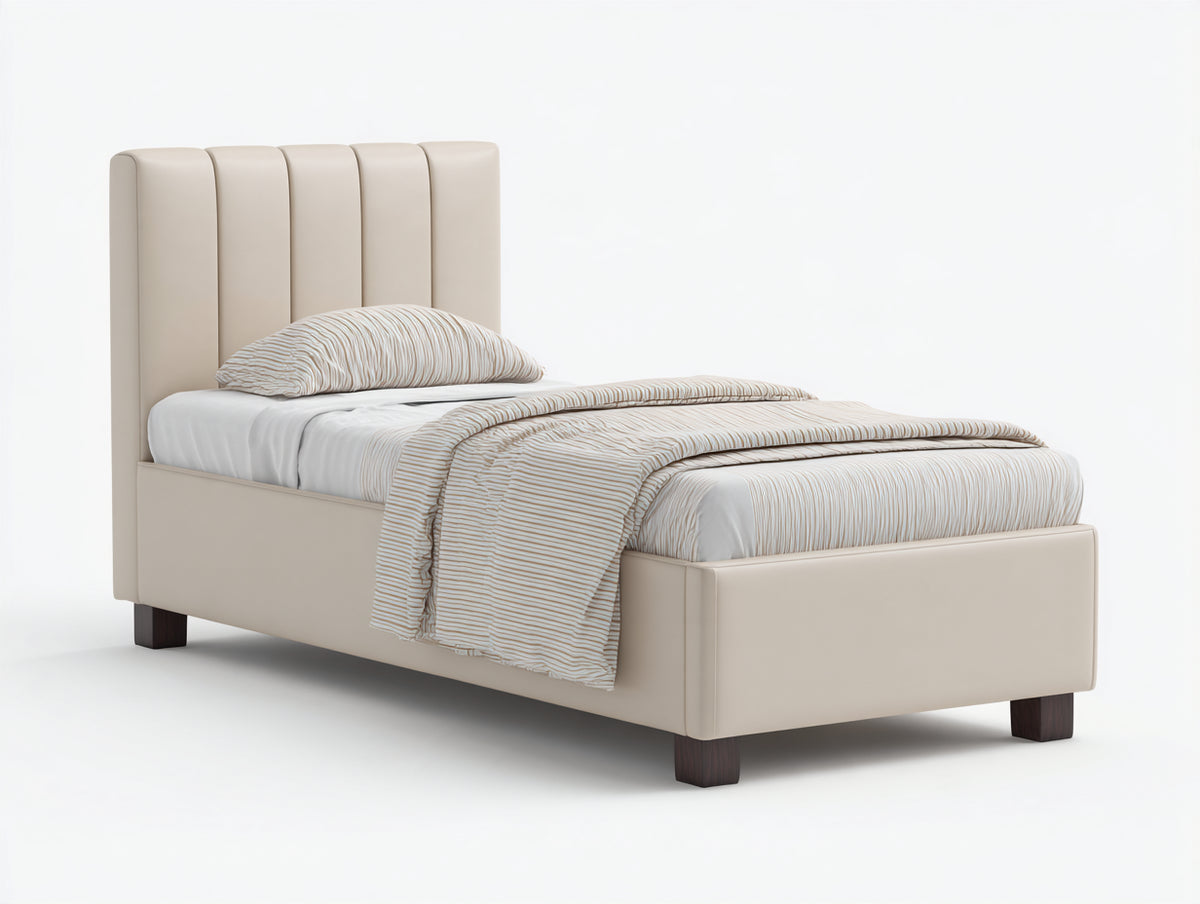 Lit simple - similicuir - 210 x 105 x 120 cm - beige clair - style contemporain à panneaux verticaux