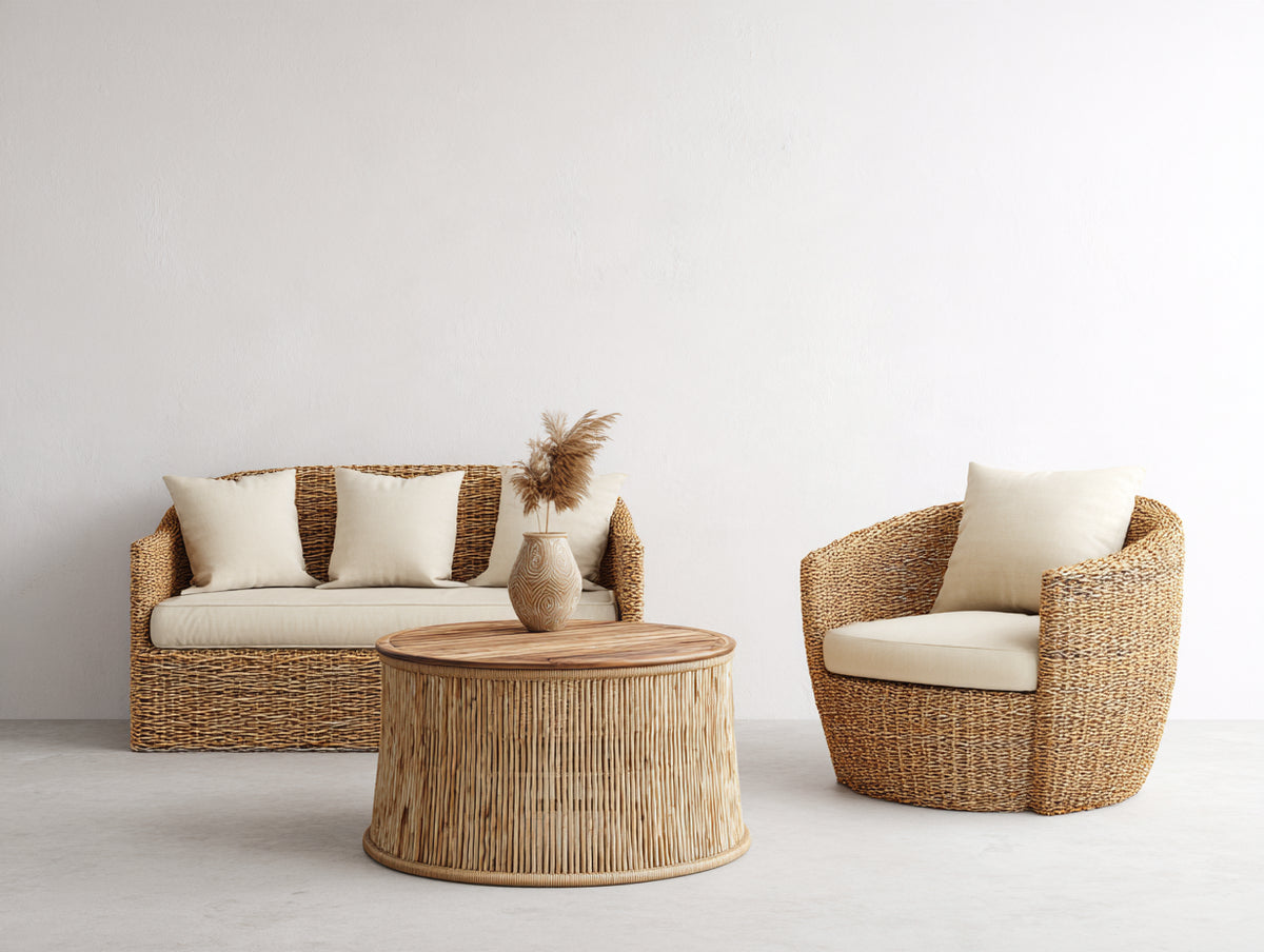 Canapé de jardin - rotin-tissu - 158x86x79 cm - naturel-blanc cassé - style bohème
