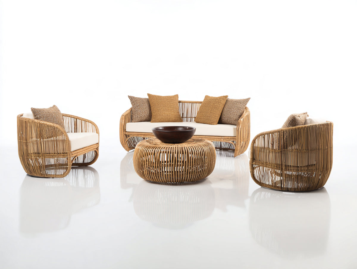 Canapé de jardin - rotin-tissu - 178x86x80 cm - naturel-blanc cassé - style bohème