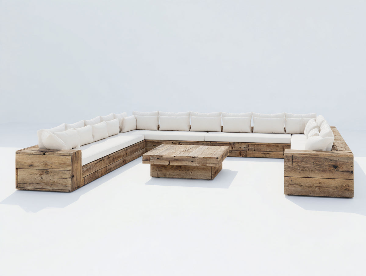Canapé de jardin - bois-tissu - 340x245x76 cm - blanc cassé-naturel - style rustique