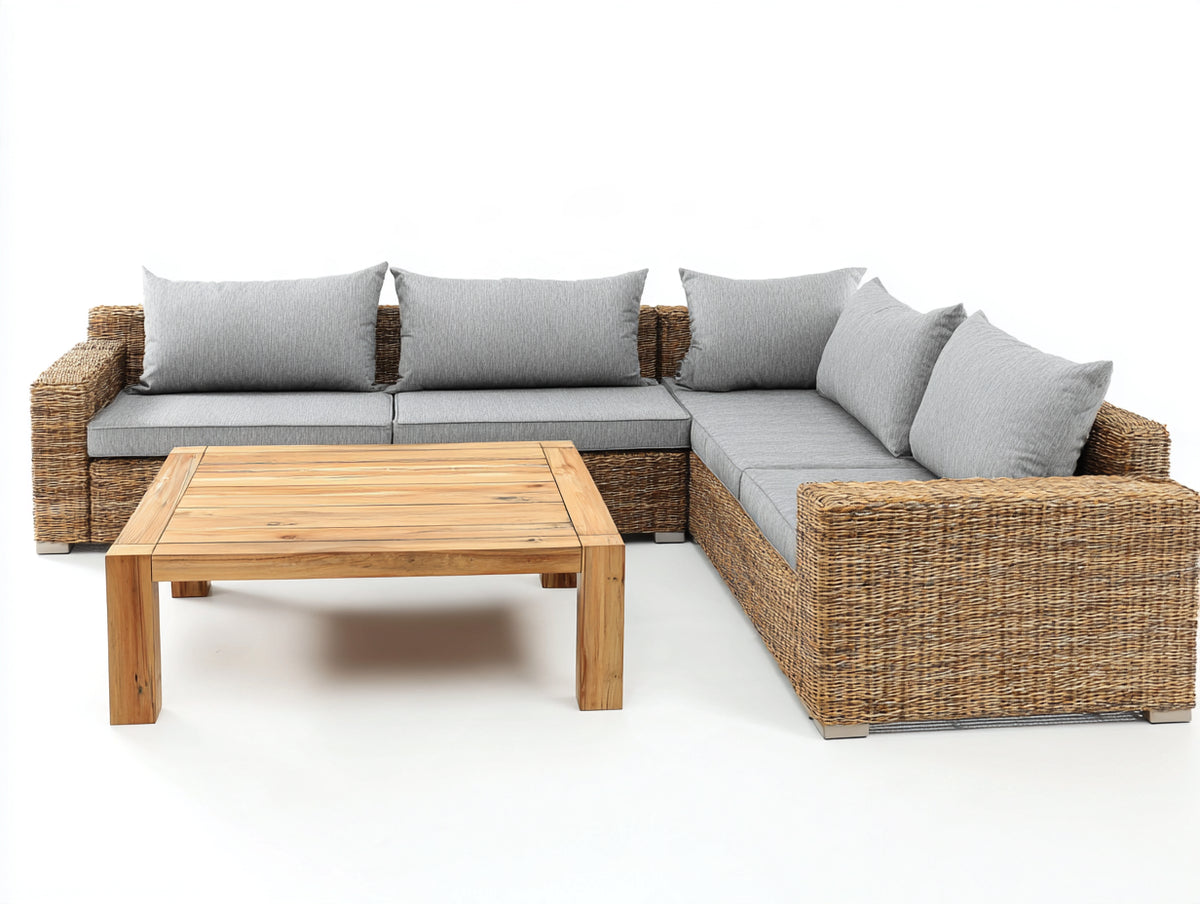 Canapé de jardin - résine tressée-bois-tissu - 268x196x80 cm - gris clair-naturel - style contemporain