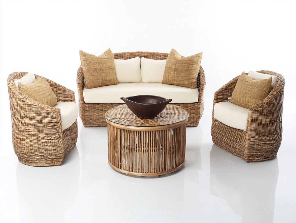 Canapé de jardin - rotin-tissu - 172x86x79 cm - naturel-blanc cassé - style bohème
