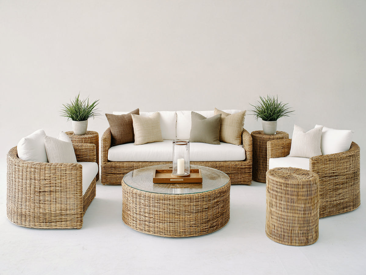 Canapé de jardin - rotin-tissu - 176x88x79 cm - naturel-blanc cassé - style bohème