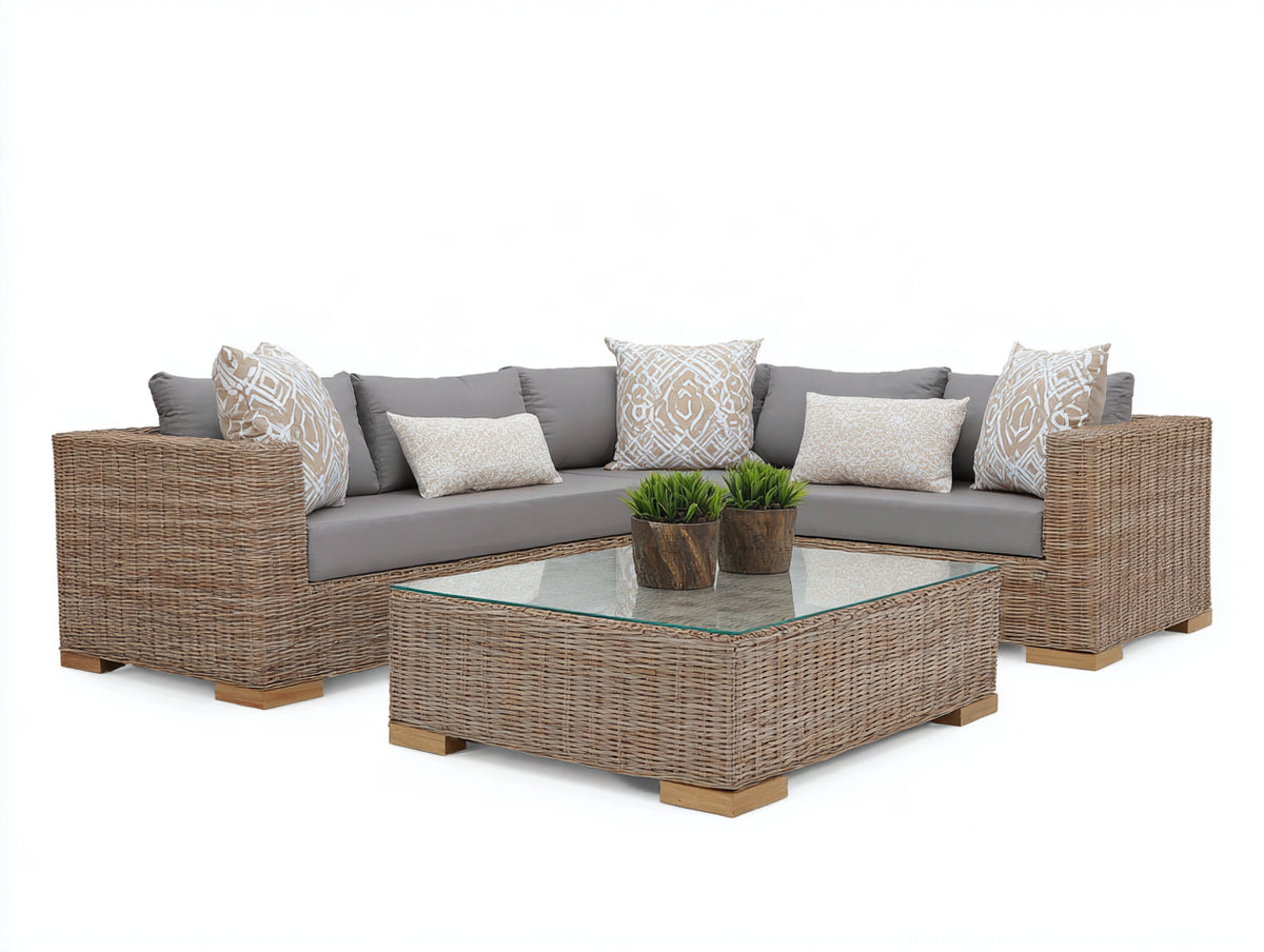 Canapé de jardin - résine tressée-bois-tissu - 265x265x79 cm - taupe-gris - style contemporain